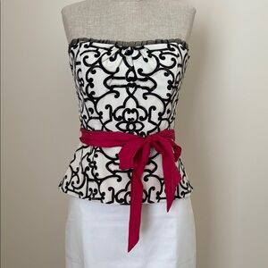 White House Black Market Black and White Strapless Top with Pink Belt